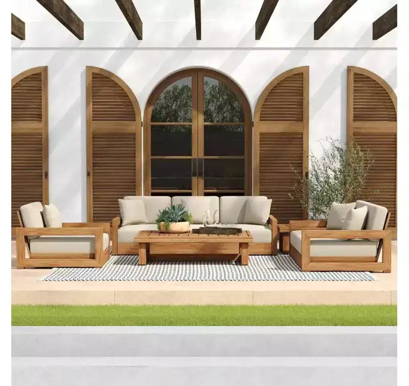 Christopher Knight Home Andrae Outdoor Acacia Wood 4 Seater Chat Set with Cushions, Brown and Beige
