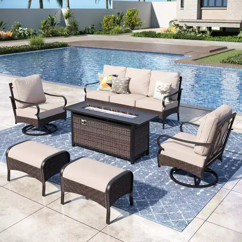 Captiva Designs 6pc Extra Large Metal and Rattan Outdoor Patio Fire Pit Set with Swivel Sofas and Ottomans