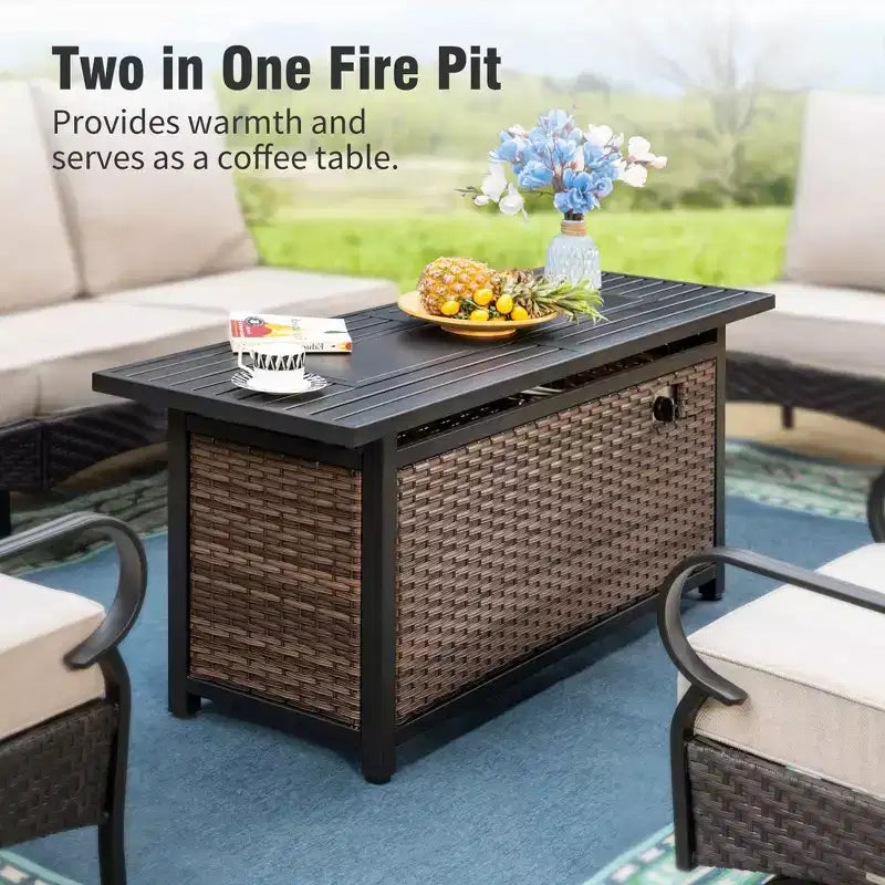 Captiva Designs 6pc Extra Large Metal and Rattan Outdoor Patio Fire Pit Set with Swivel Sofas and Ottomans