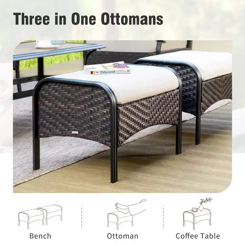 Captiva Designs 6pc Extra Large Metal and Rattan Outdoor Patio Fire Pit Set with Single Sofas and Ottomans