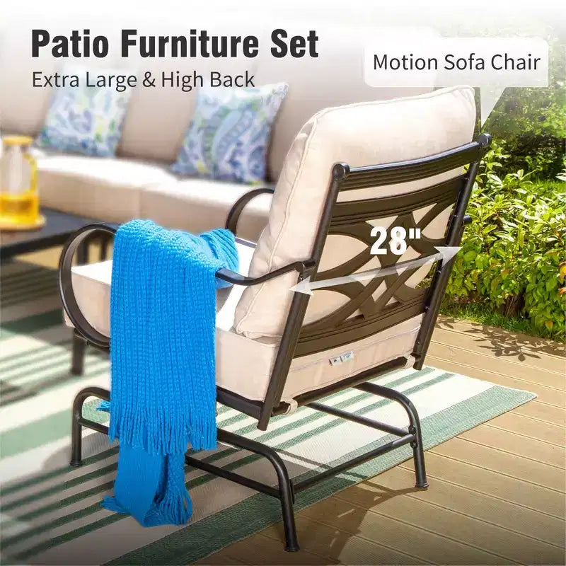 Captiva Designs 6pc Extra Large Metal Outdoor Patio Conversation Set with Rocking Pattern-back Chairs and Coffee Table