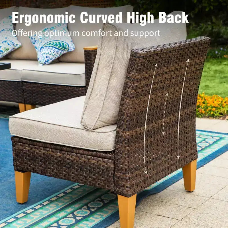 Captiva Designs 8pc Wicker Outdoor Patio Rattan Sectional Conversation Set with Fire Pit Table and Cushioned Ottoman