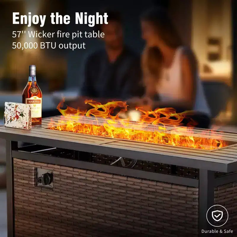 Captiva Designs 8pc Wicker Outdoor Patio Rattan Sectional Conversation Set with Fire Pit Table and Cushioned Ottoman