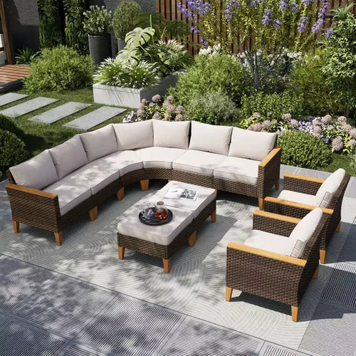 Captiva Designs 10pc Outdoor Wicker Rattan Patio Half-Moon Curved Sectional Sofa Set with Cushioned Ottoman