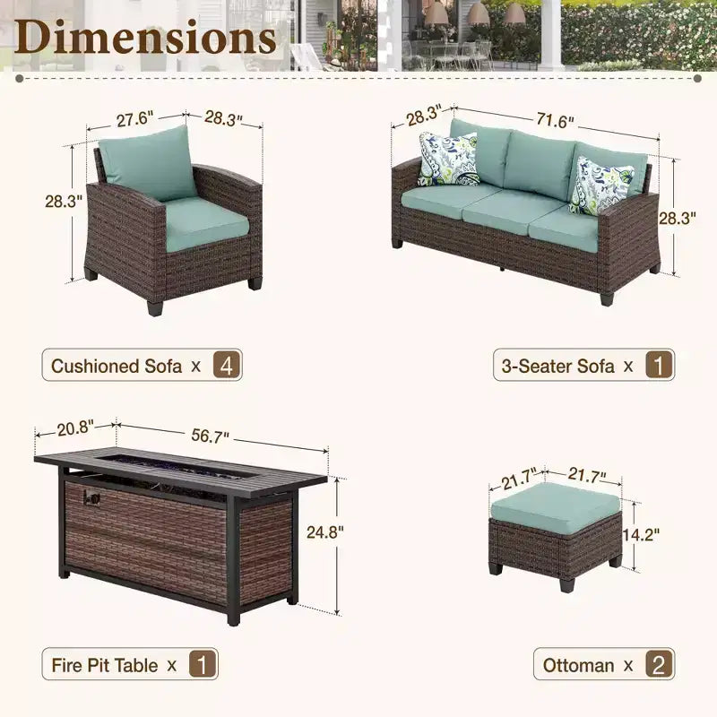 Captiva Designs 8pc Outdoor Patio Wicker Rattan Cushioned Sofa Fire Pit Set with Ottomans and Single Sofas