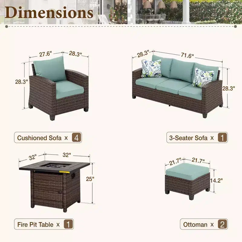 Captiva Designs 8pc Outdoor Patio Wicker Rattan Cushioned Fire Pit Set with Ottomans and Single Sofas