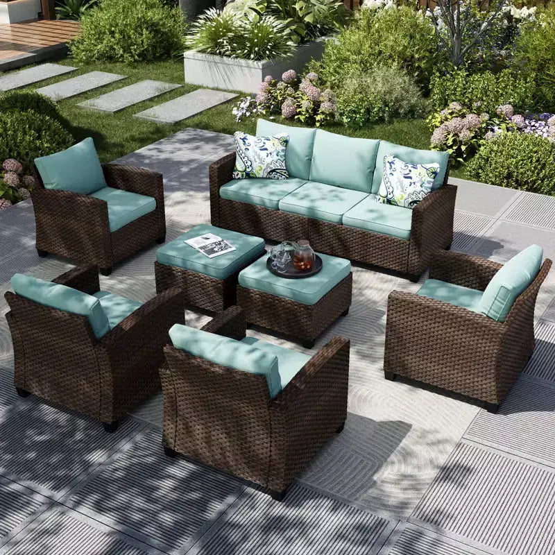 Captiva Designs 7-teiliges Outdoor-Gartenmöbel-Set aus Korbgeflecht mit 4 gepolsterten Einzelsesseln für Garten, Poolbereich und Hinterhof