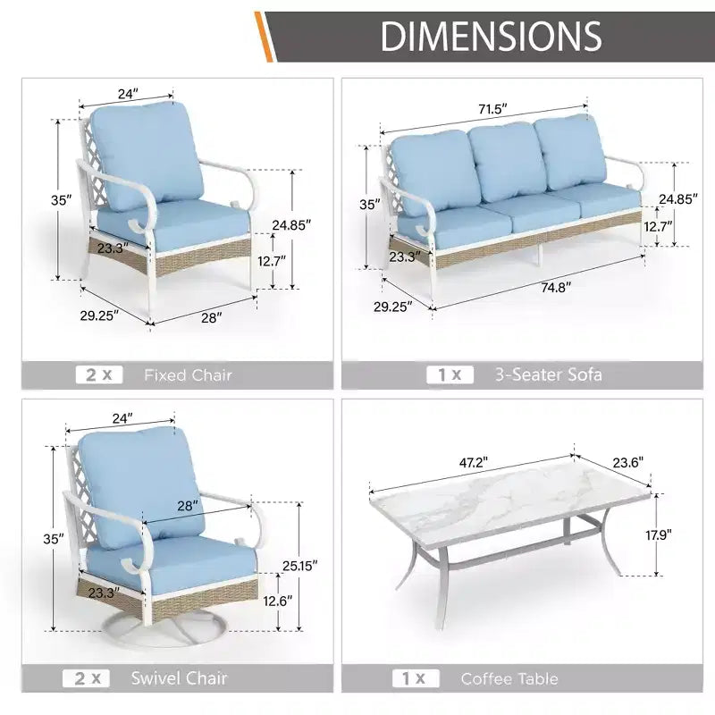 Captiva Designs 6pc Extra Large Metal and Rattan Outdoor Patio Conversation Set with Swivel Grid-back Chairs and Table