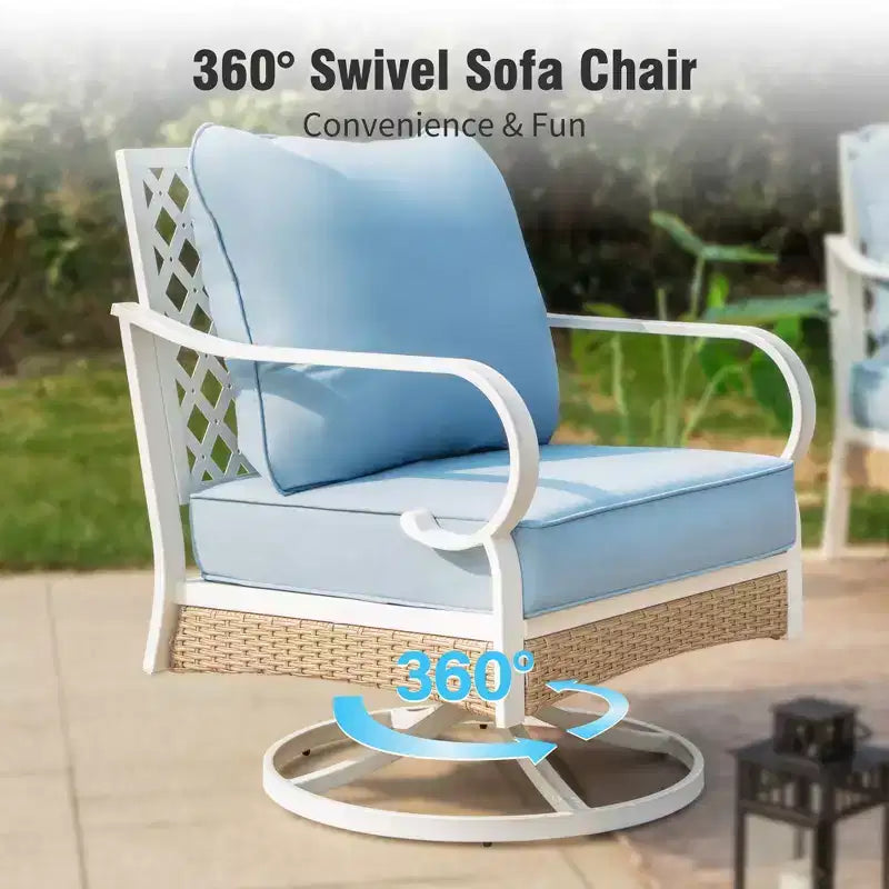 Captiva Designs 6pc Extra Large Metal and Rattan Outdoor Patio Conversation Set with Swivel Grid-back Chairs and Table