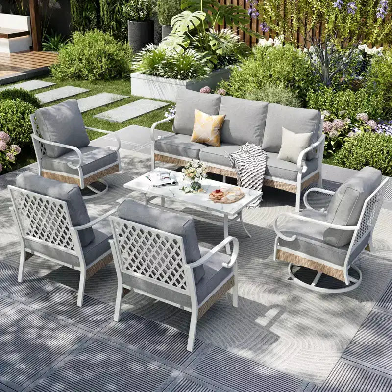 Captiva Designs 6-tlg. extra großes Outdoor-Terrassen-Sitzgruppen-Set aus Metall und Rattan mit schwenkbaren Gitterstühlen und Tisch