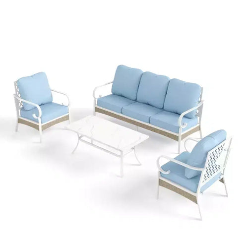 Captiva Designs 4-teiliges, extragroßes Outdoor-Sitzgruppen-Set aus Metall und Rattan mit Gitterrücken-Armlehnsesseln und Tisch