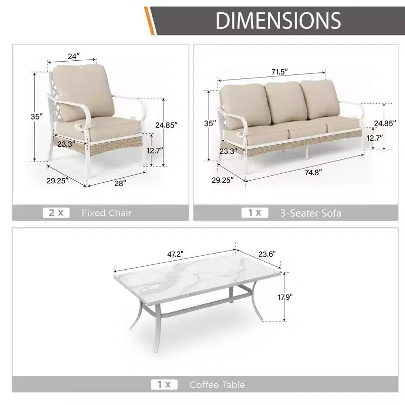 Captiva Designs 4pc Extra Large Metal and Rattan Outdoor Patio Conversation Set with Grid-back Armchairs and Table