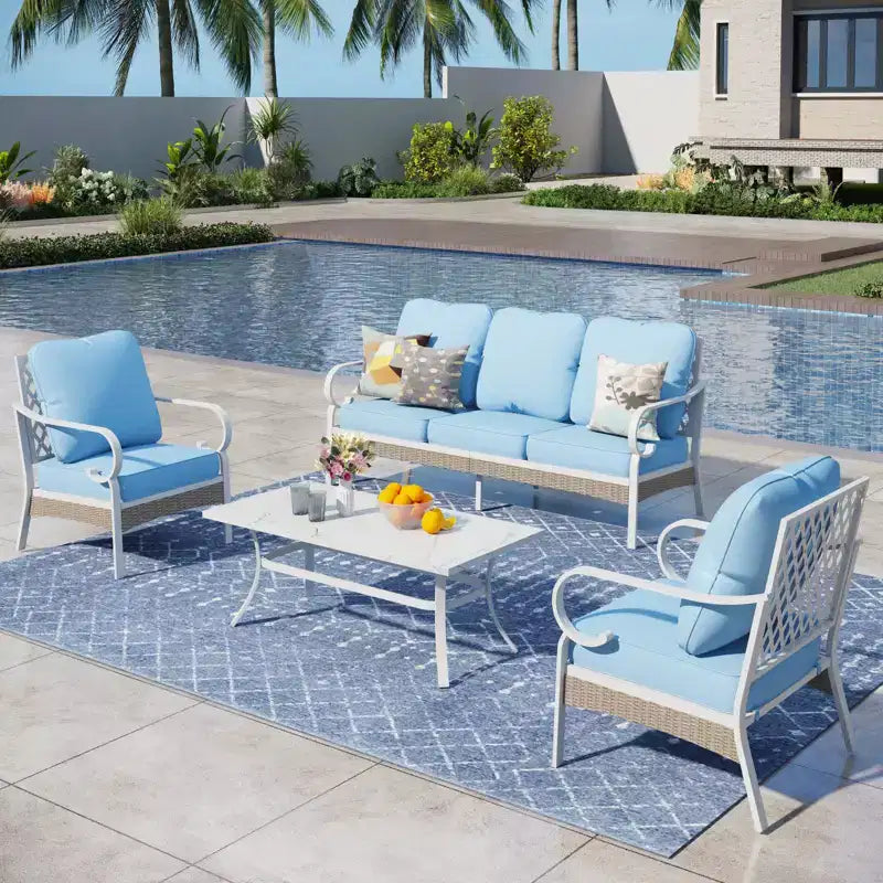 Captiva Designs 4-teiliges, extragroßes Outdoor-Sitzgruppen-Set aus Metall und Rattan mit Gitterrücken-Armlehnsesseln und Tisch