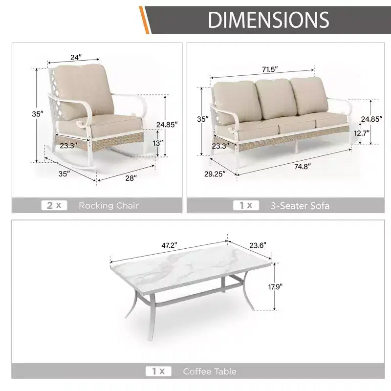 Captiva Designs 4pc Extra Large Metal and Rattan Outdoor Patio Conversation Set with Rocking Grid-back Chairs and Table