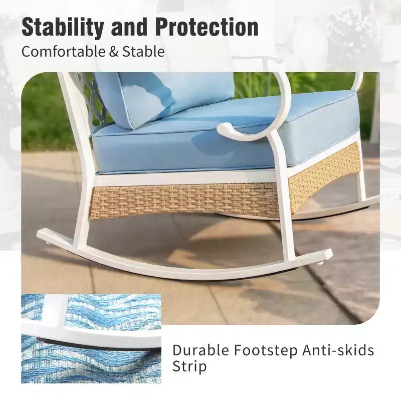 Captiva Designs 4pc Extra Large Metal and Rattan Outdoor Patio Conversation Set with Rocking Grid-back Chairs and Table