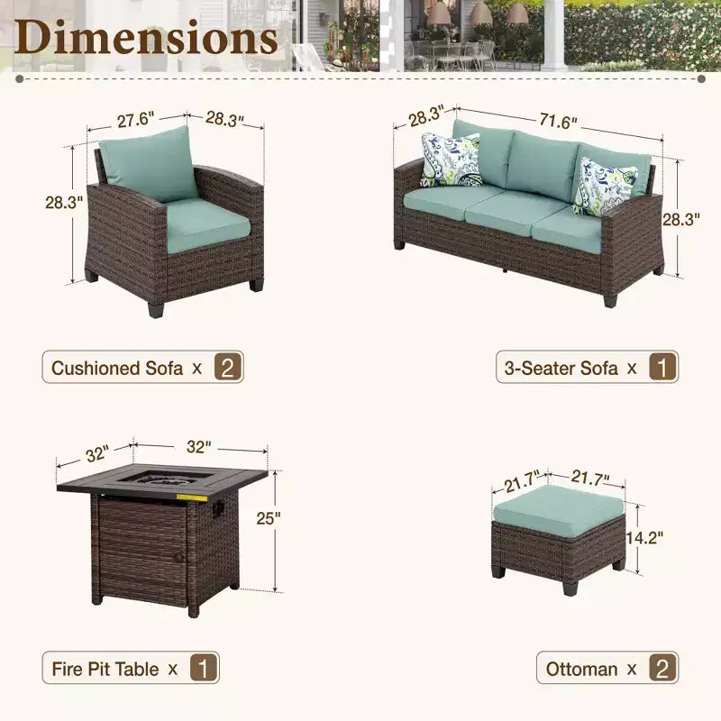 Captiva Designs 6pc Outdoor Patio Wicker Rattan Fire Pit Set with Cushioned Ottomans and Single Sofas