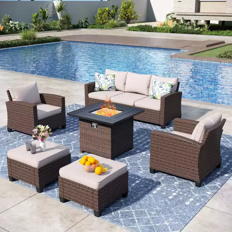 Captiva Designs 6pc Outdoor Patio Wicker Rattan Fire Pit Set with Cushioned Ottomans and Single Sofas