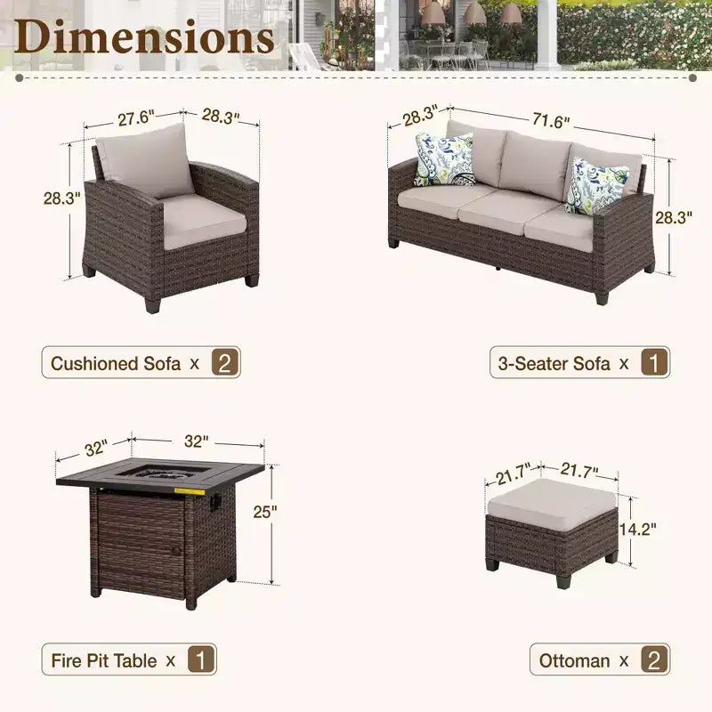 Captiva Designs 6pc Outdoor Patio Wicker Rattan Fire Pit Set with Cushioned Ottomans and Single Sofas