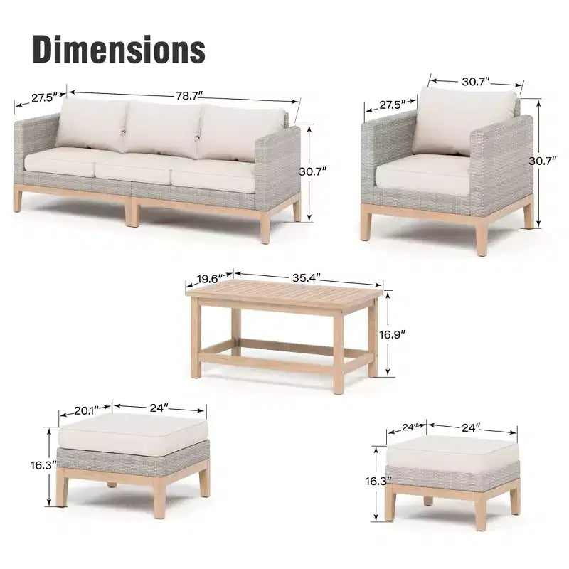 Captiva Designs 5pc outdoor patio wicker rattan cushioned conversation set with armchairs, ottomans and solid wood table