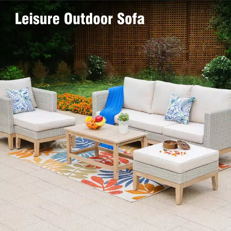 Captiva Designs 5pc outdoor patio wicker rattan cushioned conversation set with armchairs, ottomans and solid wood table