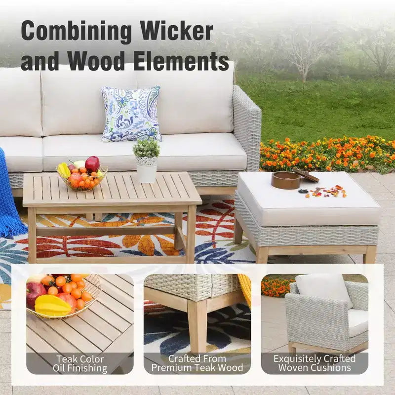 Captiva Designs 5pc outdoor patio wicker rattan cushioned conversation set with armchairs, ottomans and solid wood table