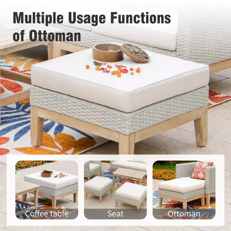 Captiva Designs 5pc outdoor patio wicker rattan cushioned conversation set with armchairs, ottomans and solid wood table