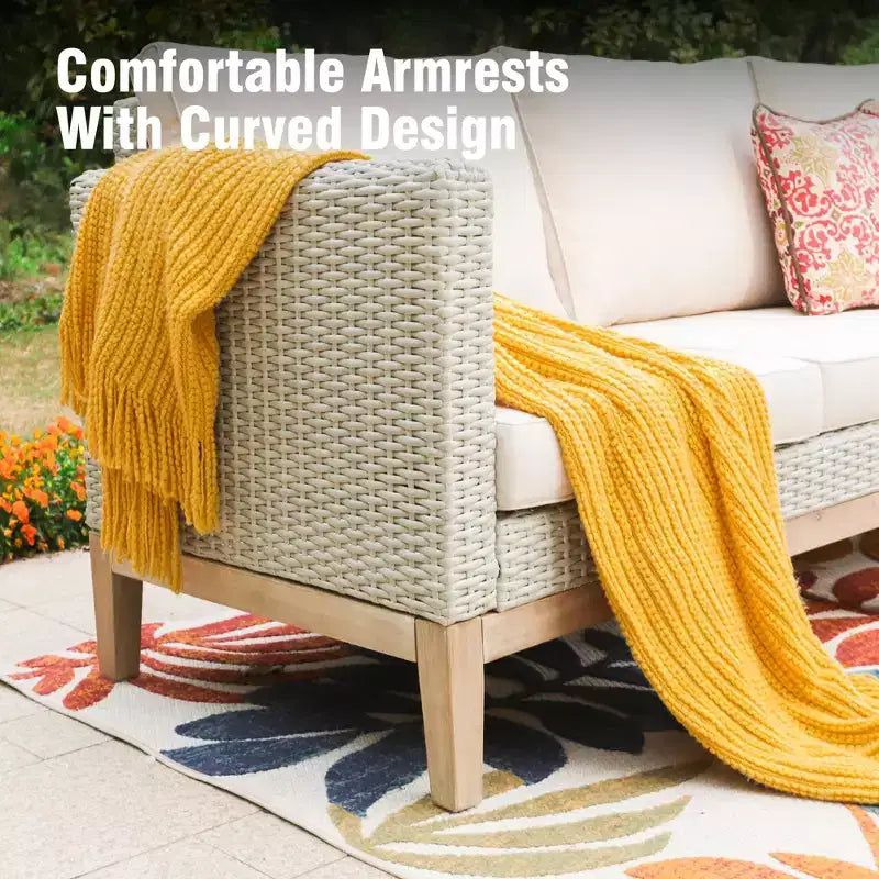 Captiva Designs 5pc outdoor patio wicker rattan cushioned conversation set with armchairs, ottomans and solid wood table