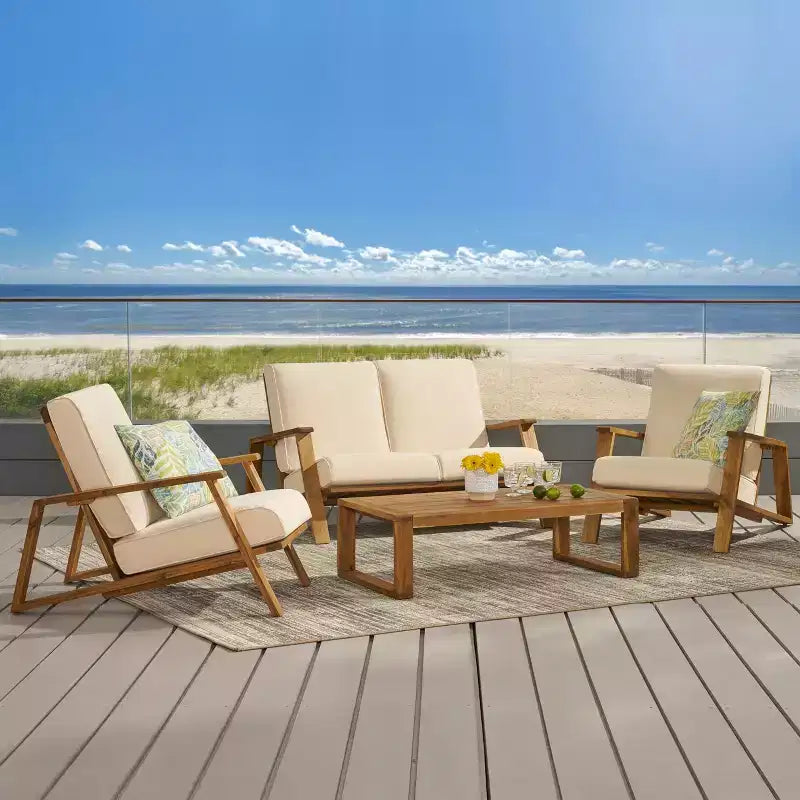 Christopher Knight Home Paloma Outdoor Acacia Wood 4 Seater Chat Set with Cushions