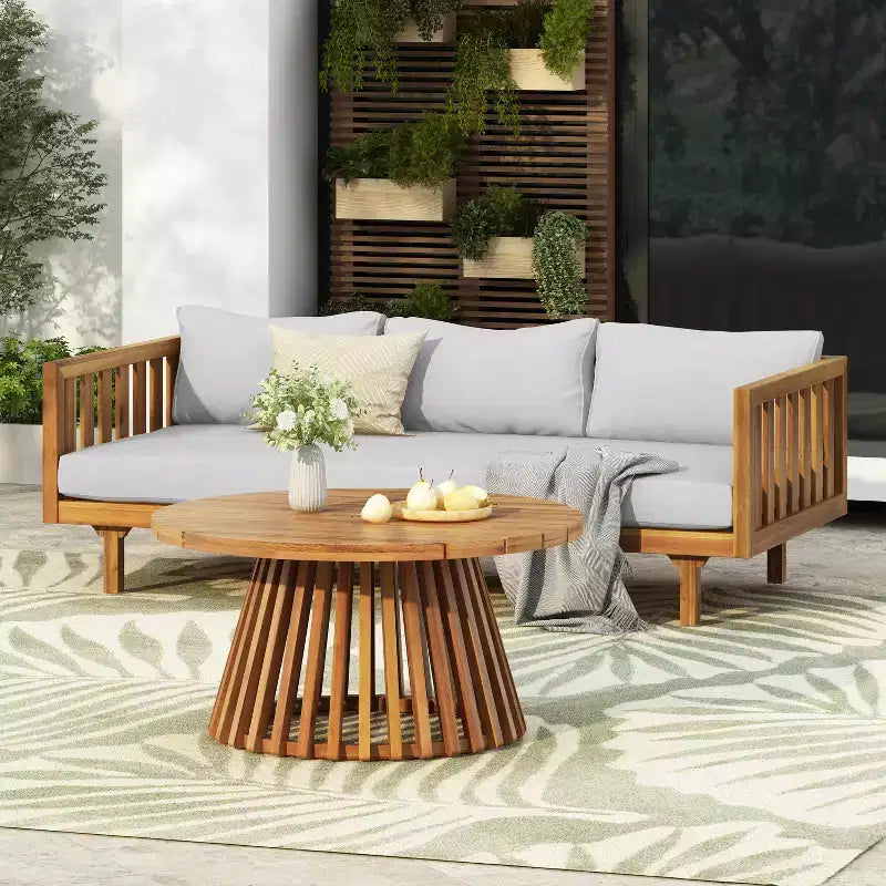 Christopher Knight Home Panfilo Acacia Wood Upholstered 3 Seater Daybed with Coffee Table