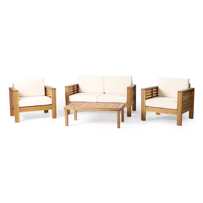 Christopher Knight Home Rabun Outdoor Acacia Wood 4 Seater Chat Set with Cushions