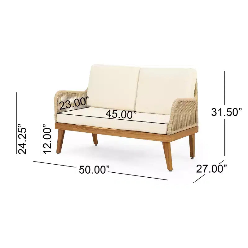 GDFStudio Hueber Outdoor Acacia Wood and Rope 4 Seater Chat Set with Cushions, Teak, Light Brown, and Beige