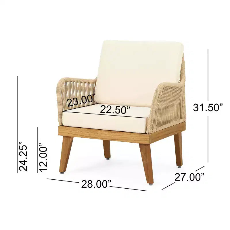 GDFStudio Hueber Outdoor Acacia Wood and Rope 4 Seater Chat Set with Cushions, Teak, Light Brown, and Beige