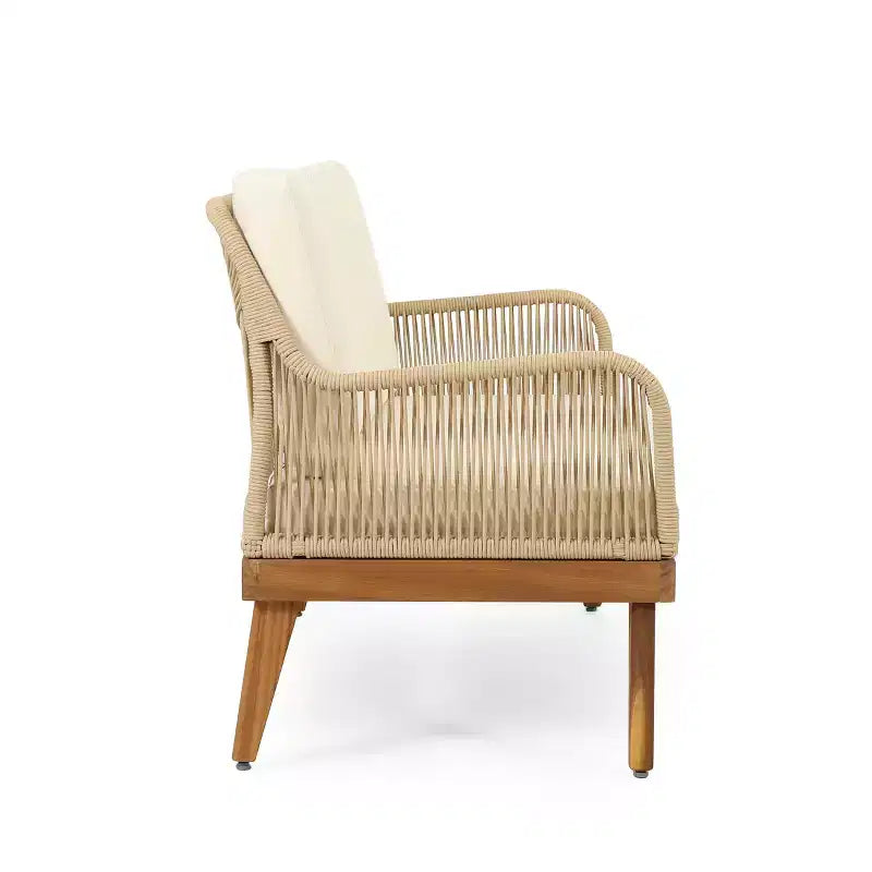 GDFStudio Hueber Outdoor Acacia Wood and Rope 4 Seater Chat Set with Cushions, Teak, Light Brown, and Beige
