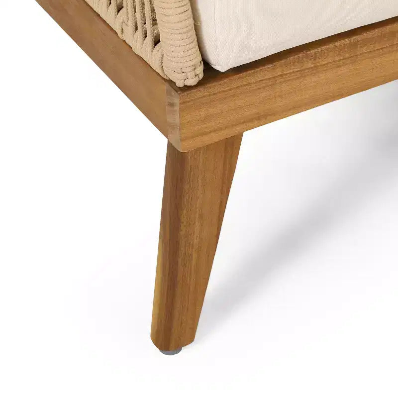 GDFStudio Hueber Outdoor Acacia Wood and Rope 4 Seater Chat Set with Cushions, Teak, Light Brown, and Beige