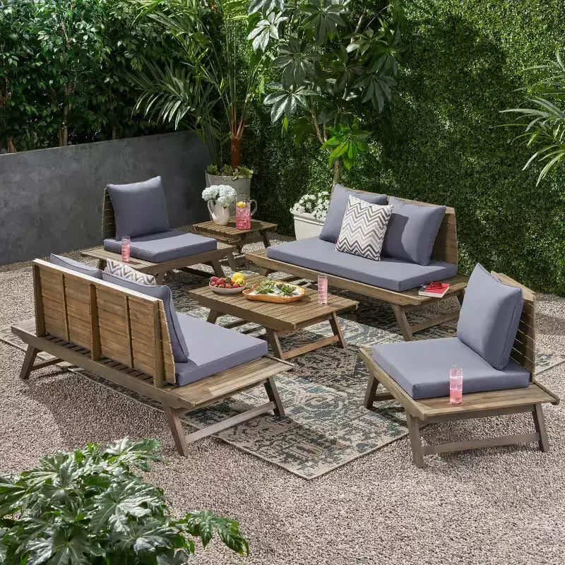 Christopher Knight Home Sedona Outdoor Acacia Wood 6 Seater Chat Set and Side Table with Cushions