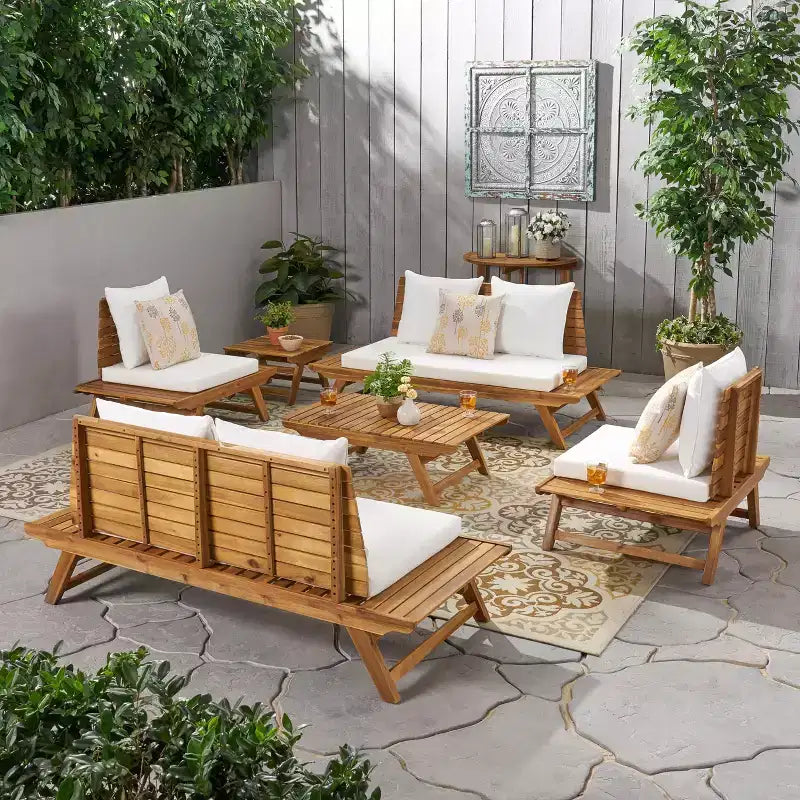 Christopher Knight Home Sedona Outdoor Acacia Wood 6 Seater Chat Set and Side Table with Cushions