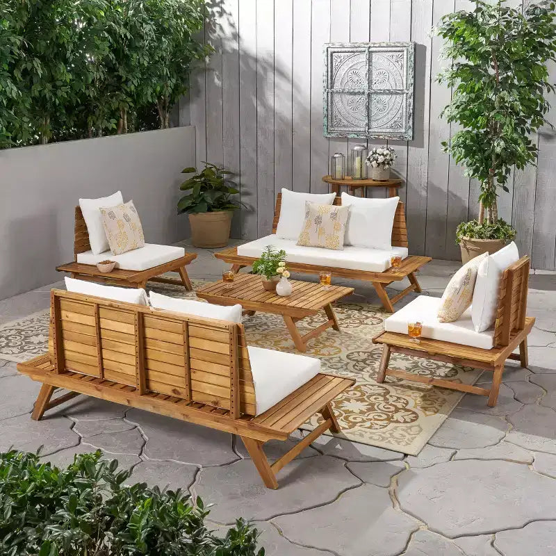 Christopher Knight Home Sedona Outdoor Acacia Wood 6 Seater Chat Set with Cushions