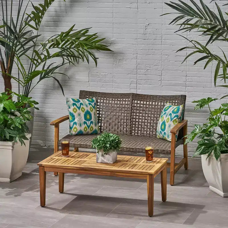 Christopher Knight Home Hampton Outdoor Acacia Wood and Wicker Loveseat and Coffee Table Set