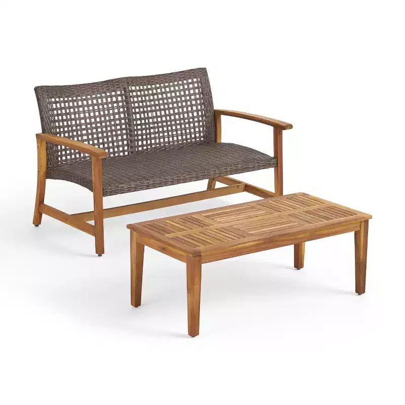 Christopher Knight Home Hampton Garten-Sitzbank und Couchtisch-Set aus Akazienholz und Korbgeflecht