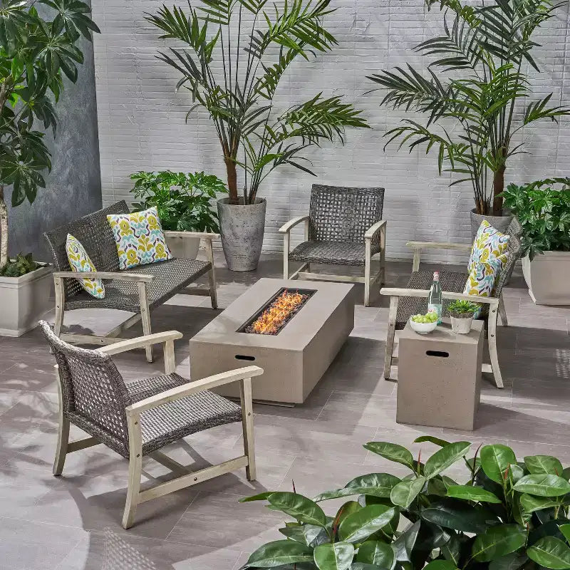 Christopher Knight Home Augusta Outdoor Acacia Wood and Wicker 6 Seater Chat Set with Fire Pit