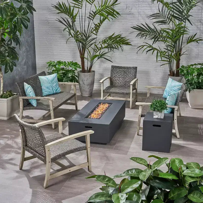 Christopher Knight Home Augusta Outdoor Acacia Wood and Wicker 6 Seater Chat Set with Fire Pit