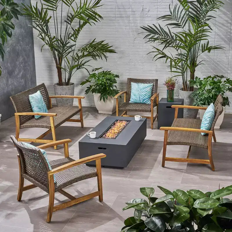 Christopher Knight Home Augusta Outdoor Acacia Wood and Wicker 6 Seater Chat Set with Fire Pit