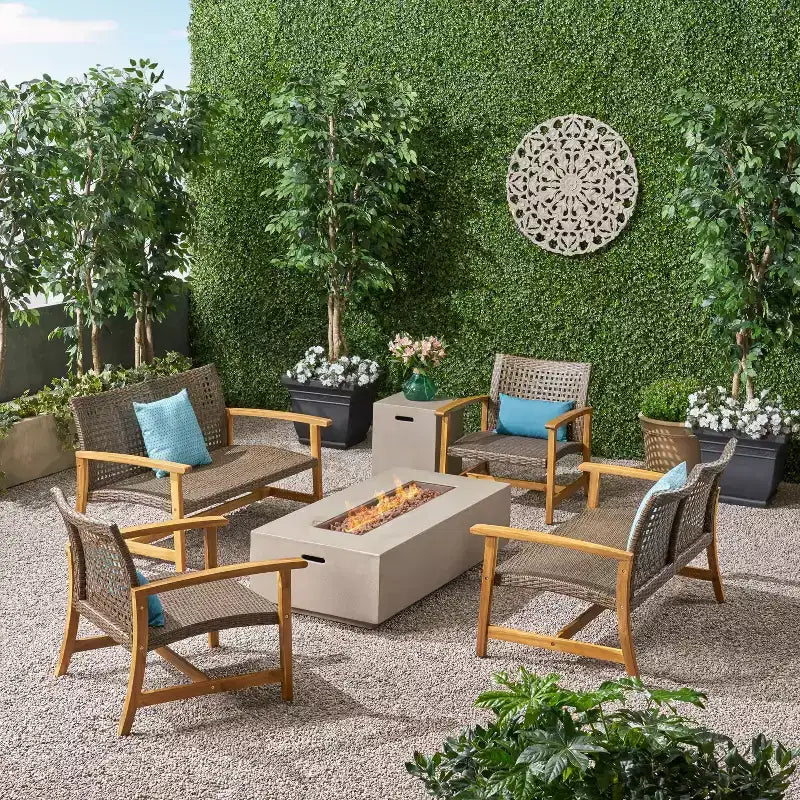 Christopher Knight Home Augusta Outdoor Acacia Wood and Wicker 6 Seater Chat Set with Fire Pit