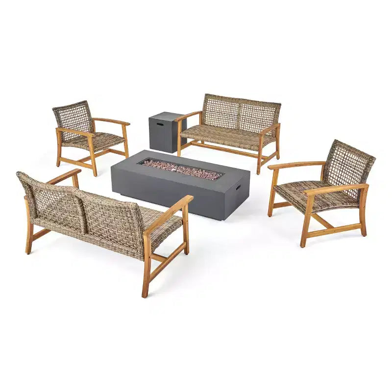 Christopher Knight Home Augusta Outdoor Acacia Wood and Wicker 6 Seater Chat Set with Fire Pit
