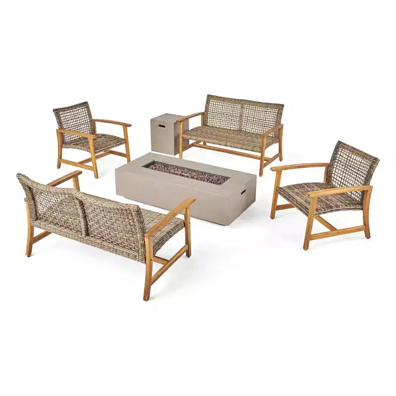 Christopher Knight Home Augusta Outdoor Acacia Wood and Wicker 6 Seater Chat Set with Fire Pit