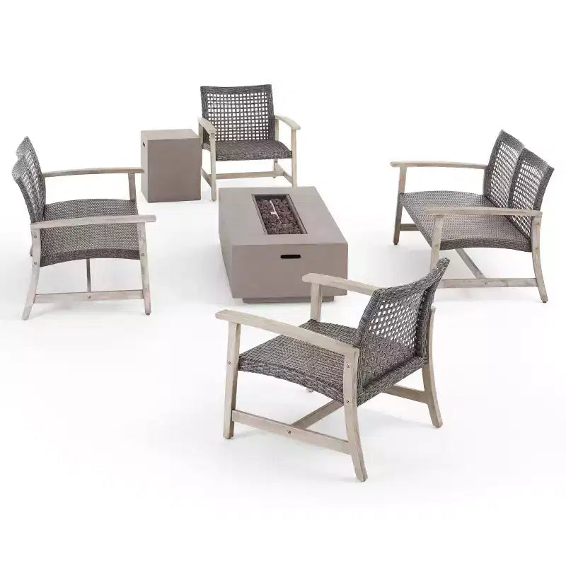 Christopher Knight Home Augusta Outdoor-Set mit 6 Sitzplätzen aus Akazienholz und Geflecht mit Feuertisch