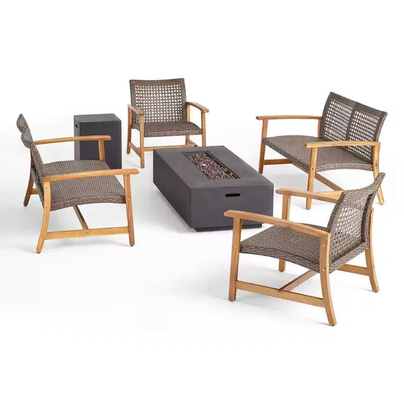 Christopher Knight Home Augusta Outdoor-Set mit 6 Sitzplätzen aus Akazienholz und Geflecht mit Feuertisch