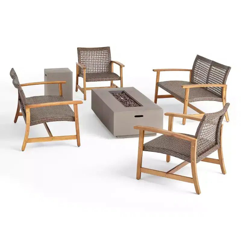 Christopher Knight Home Augusta Outdoor-Set mit 6 Sitzplätzen aus Akazienholz und Geflecht mit Feuertisch