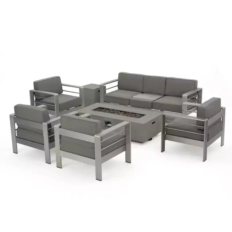 Christopher Knight Home Cape Coral Outdoor Aluminum 7 Seater Chat Set with Fire Pit