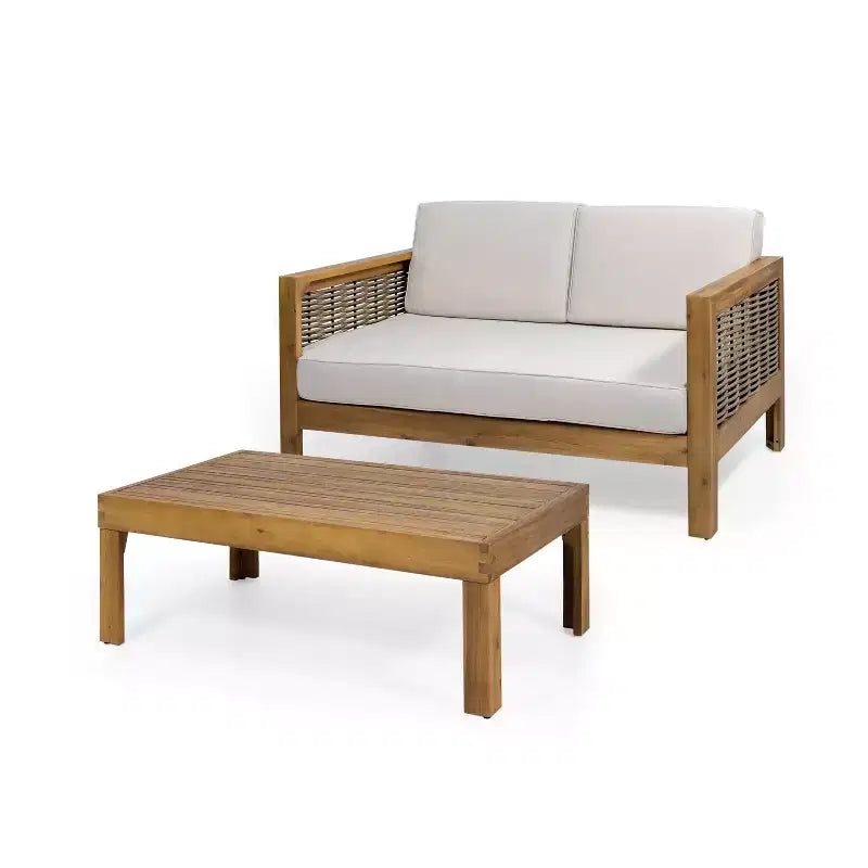 Outdoor Patio Furniture Set, Acacia Wood Conversation Set with Wicker Accent Chairs, Loveseat, and Coffee Table - Merax